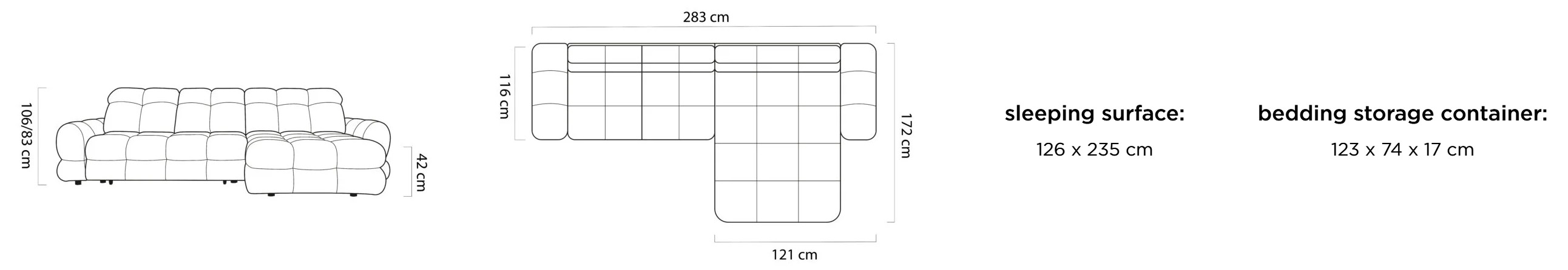 Rozmerová schéma sedacej súpravy BELLUGA MINI so šírkou 283 cm a hĺbkou 172 cm.